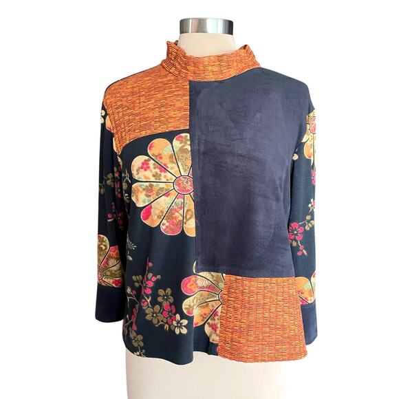 f. l. malik VTG Asian Inspired Multimedia Top XL Black Suede Floral Patchwork - Picture 1 of 9